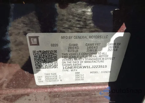 2020 Chevrolet Traverse Fwd Lt Cloth из США, поврежденный, VIN 1GNERGKW1LJ223515